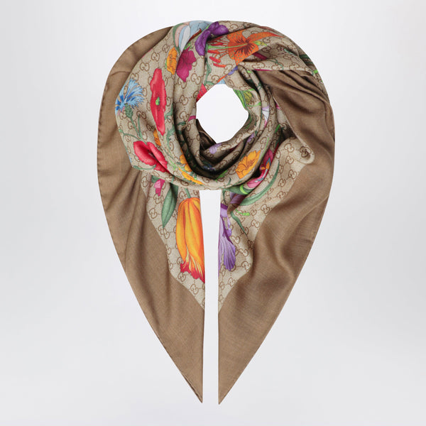 Wool And Silk Shawl With Flora And Gg Print In Shell