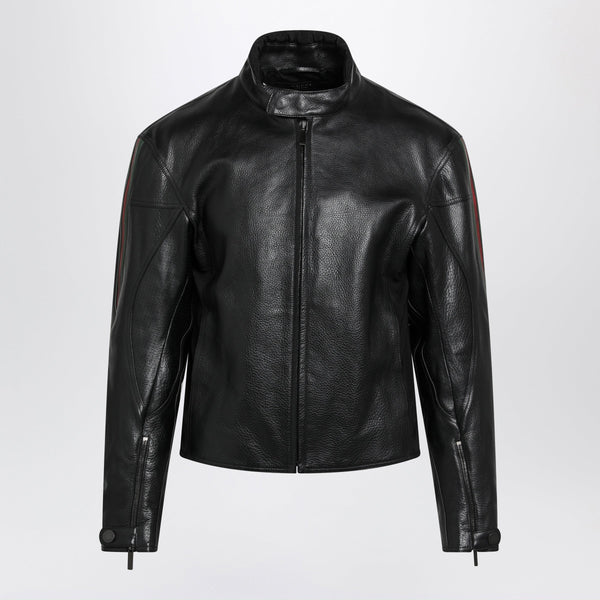 Black Leather Biker Jacket With Web Detail