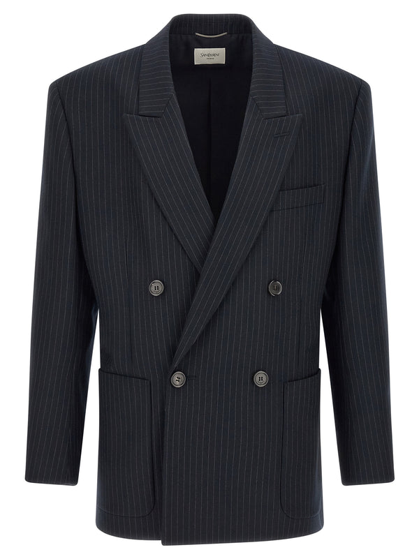 Pinstriped Double-Breasted Blazer Blue