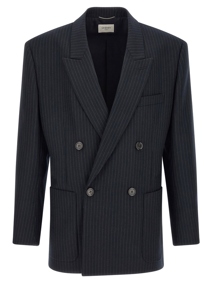 Saint Laurent Pinstriped Double-Breasted Blazer - Blue | 5388b835da9c4a36e3ab0d4b0de2a7fd57101a7e