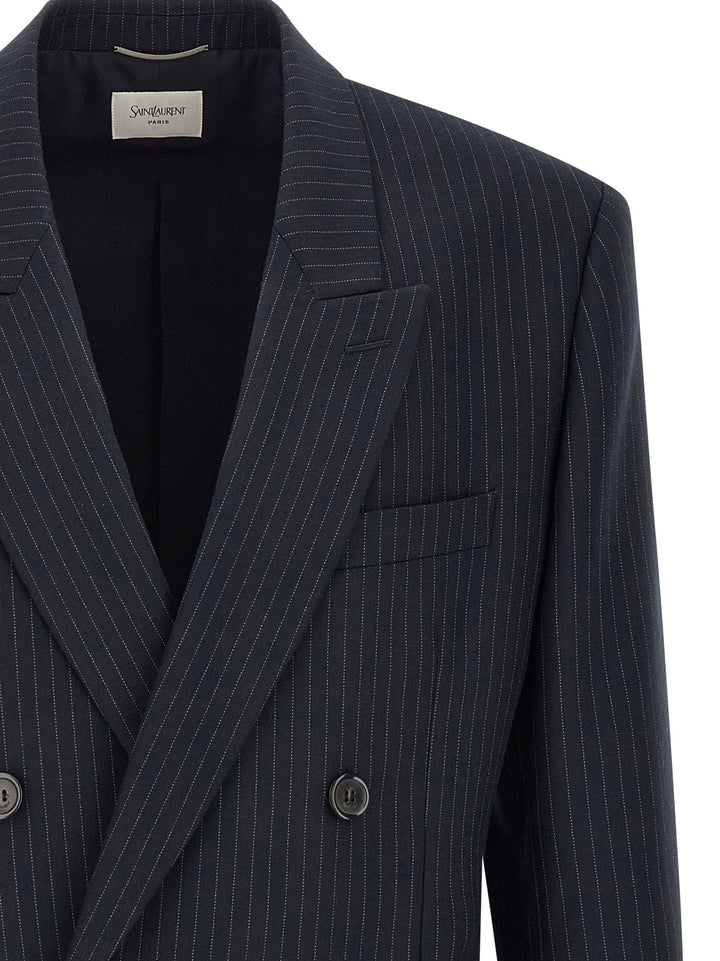 Saint Laurent Pinstriped Double-Breasted Blazer - Blue | 6a70c50280f019116e7db10ea51899e97eaddbc6