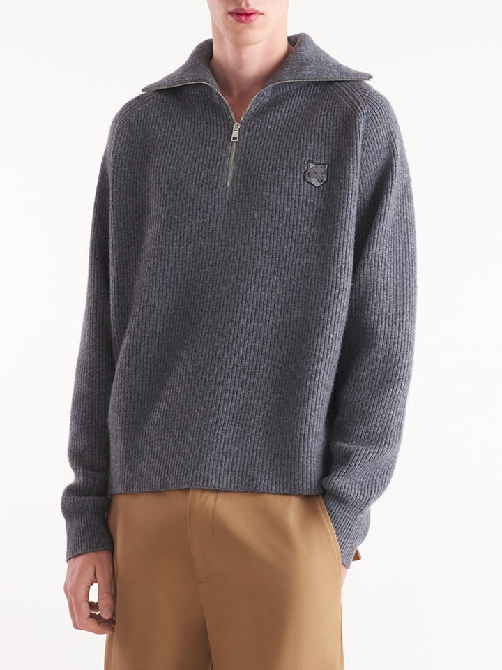 Bold fox head patch half zip ribbed jumper