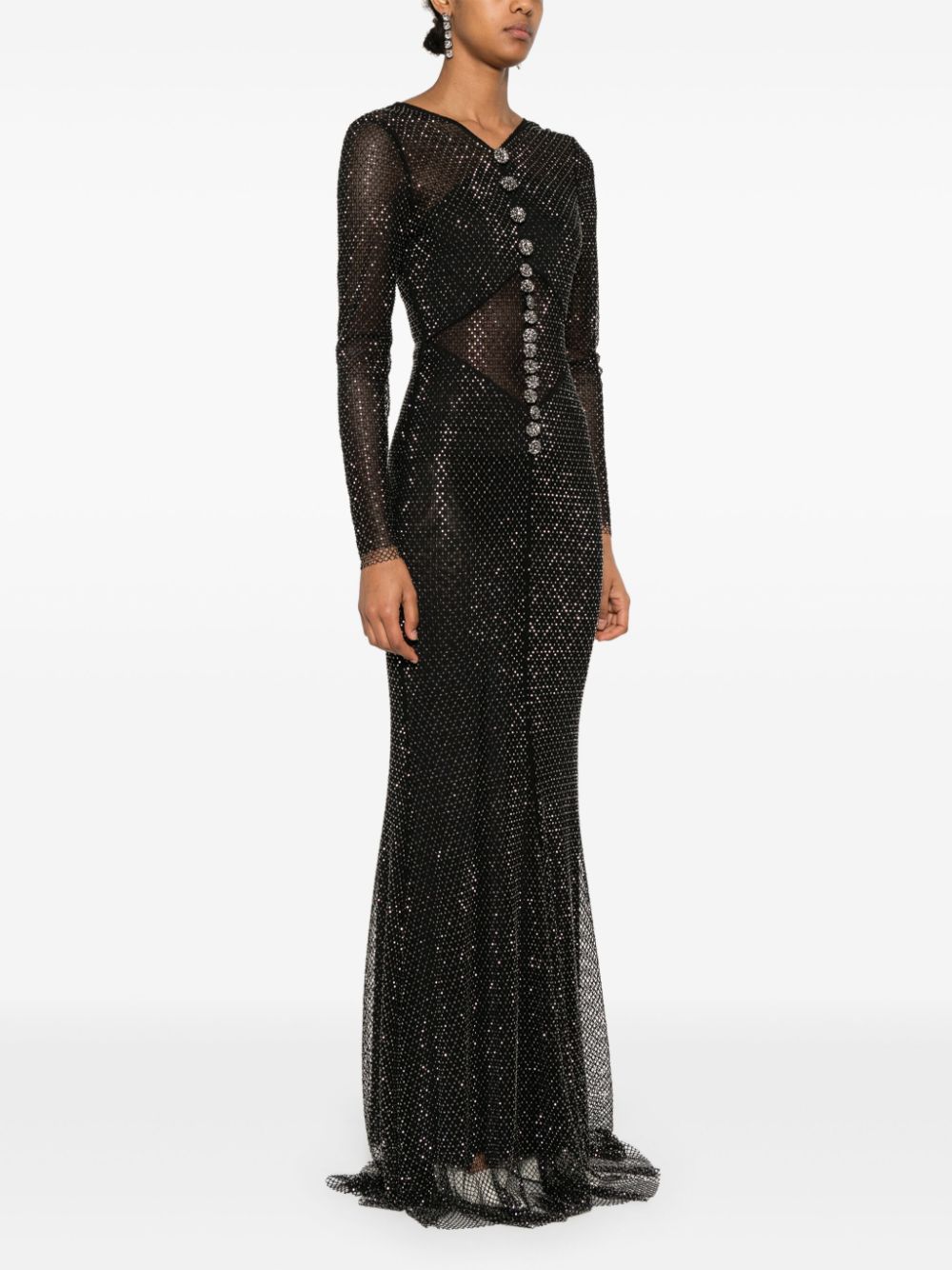 Black rhinestone fishnet crossover maxi dress