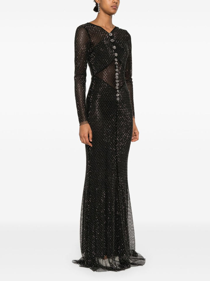 Black rhinestone fishnet crossover maxi dress