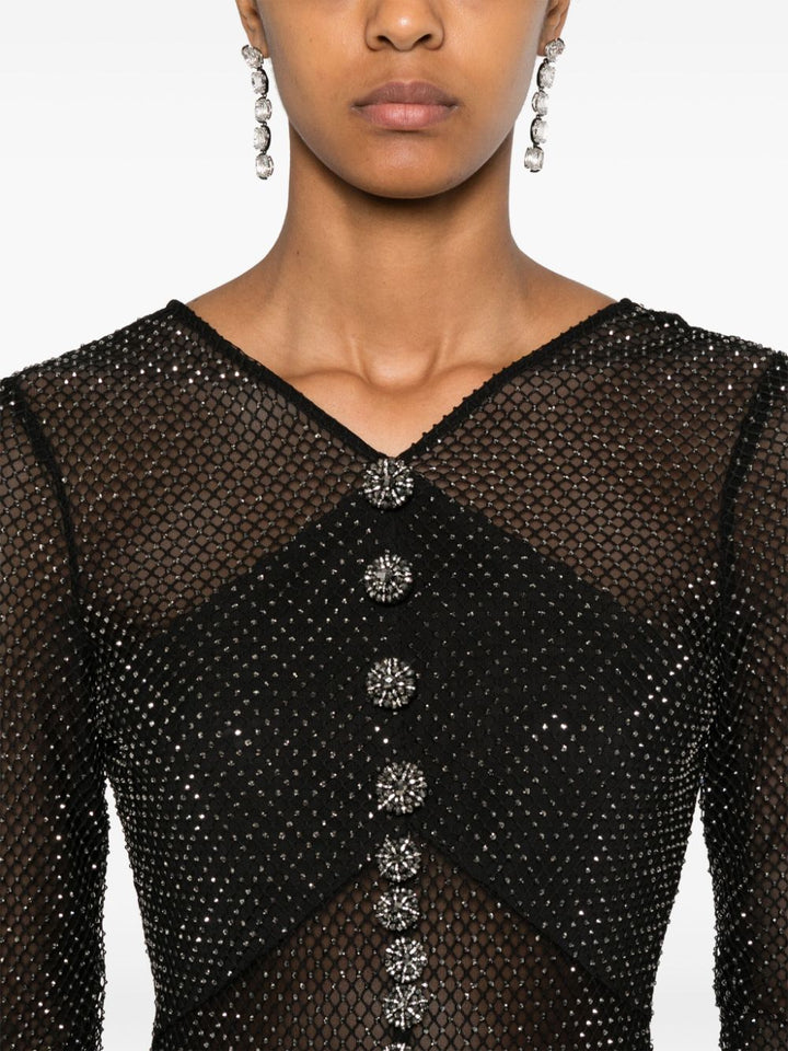 Black rhinestone fishnet crossover maxi dress