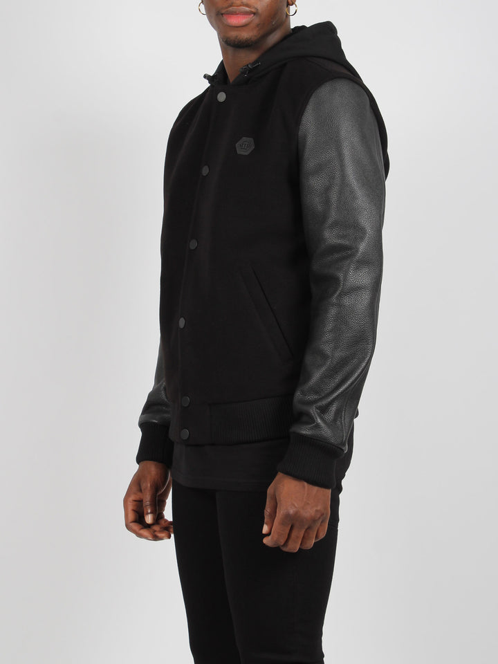 Leather sleeves hooded sweatjacket