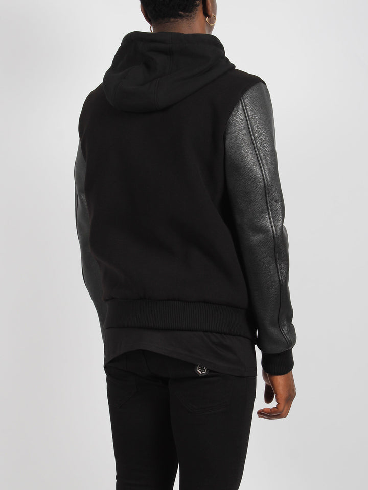 Leather sleeves hooded sweatjacket