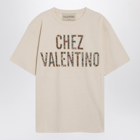 Ivory Cotton T-Shirt With Chez Valentino Floral Motif