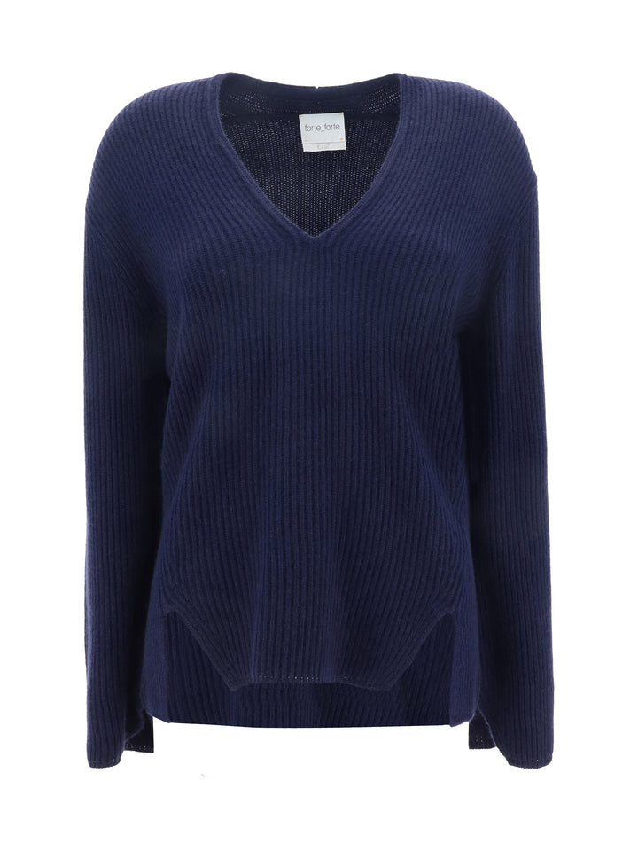 CASHMERE WOOL RIBBED V NECK SWEATER