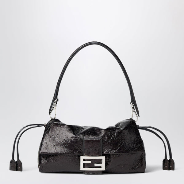 Soft Medium Baguette Bag In Black Crackled Leather