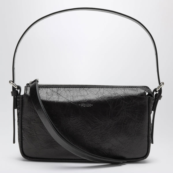 Small Black Leather Zip Top Bag With A Crackled Finish