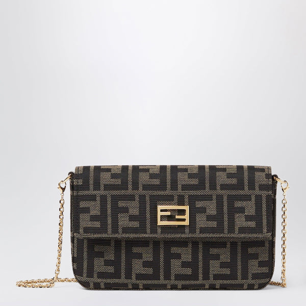 Tube Wallet On Chain In Ff Zucca Jacquard And Brown Leather
