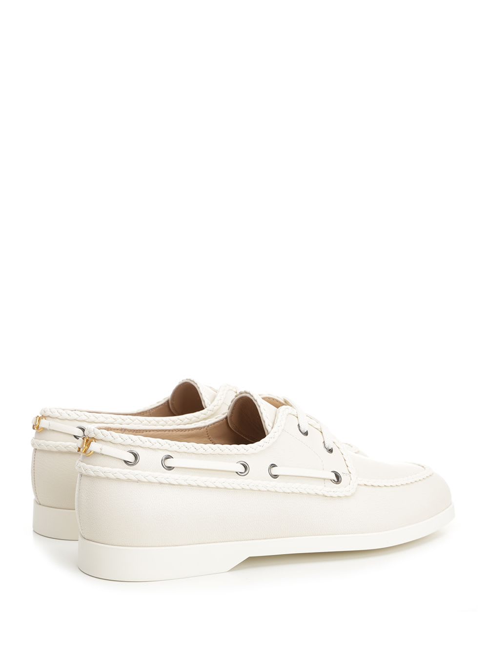 Ivory White Leather Boat Loafer Sneakers White