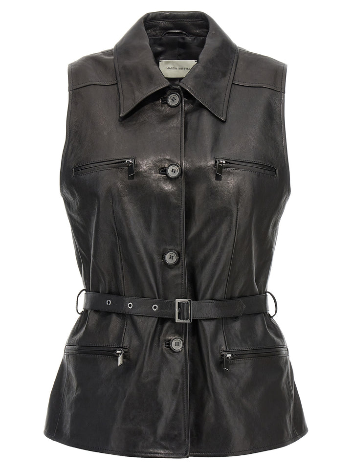 Single-Breasted Leather Vest Gilet Black