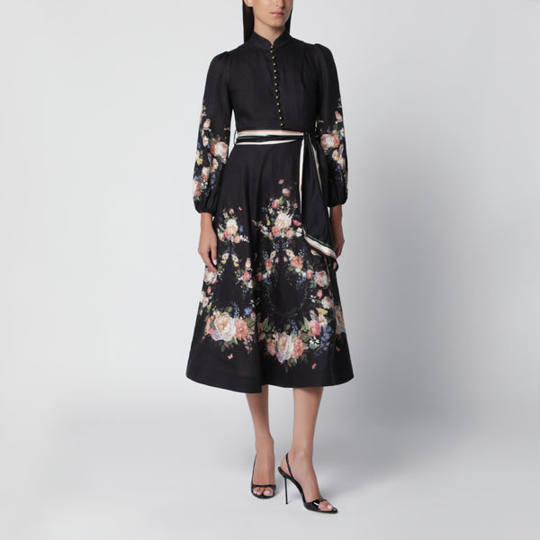 Valiant Printed Linen Midi Dress In Black Bouquet
