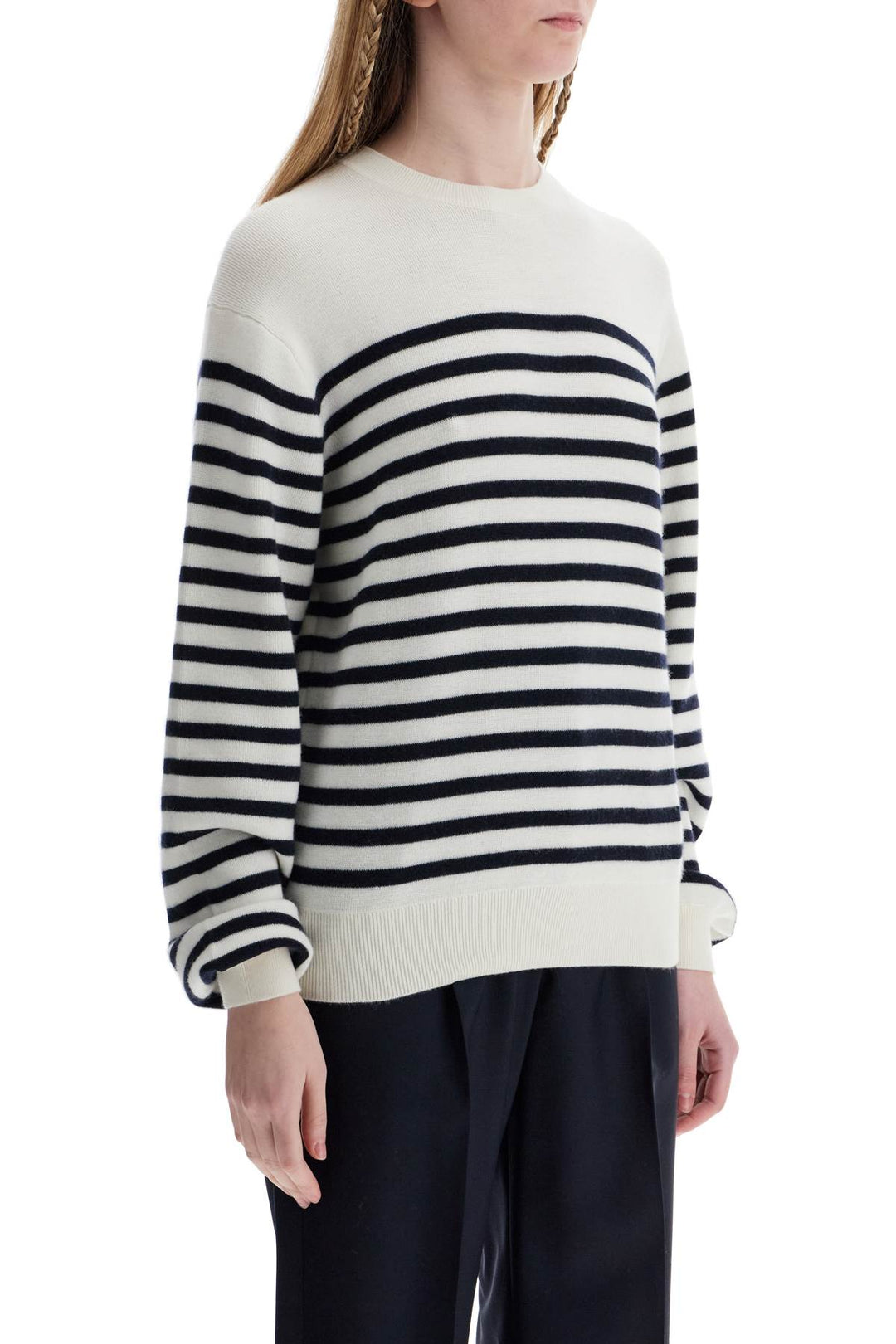 White And Navy Blue Striped Merino Wool Sweater