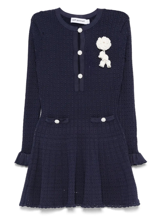 Short Dress In Openwork Knit With Removable Lace Brooch