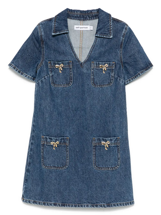 Women`S Blue V-Neck Denim Dress