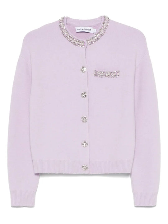 Women`S Purple Pearl Trim Ribbed Knit Cardigan