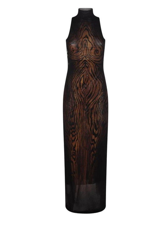 Long Mesh Dress Double-Layer "Wood" Printed Long Mesh Dress