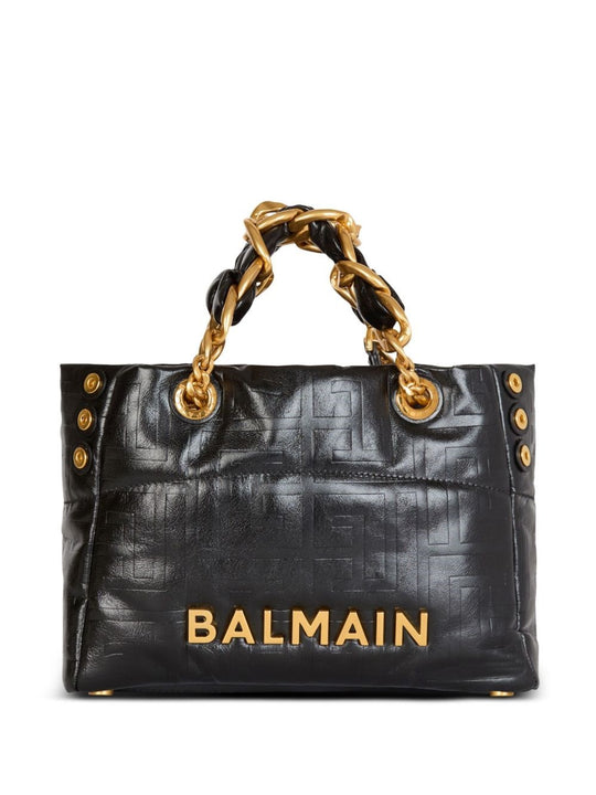 Balmain 1945 Soft Leather Shopper Bag With Embossed Monogram Little One