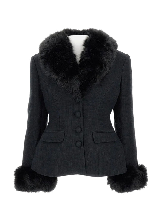 Tailored Black Bouclé Fur Jacket