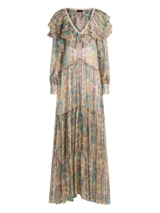 Long Silk Dress With Paisley Print And Ruffled Details