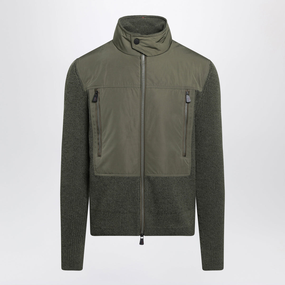 Moncler Grenoble Olive Green Cardigan In Wool With Polyester Inserts