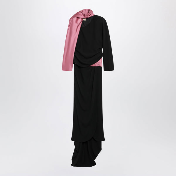 Black Long Silk Dress With Pink Draping
