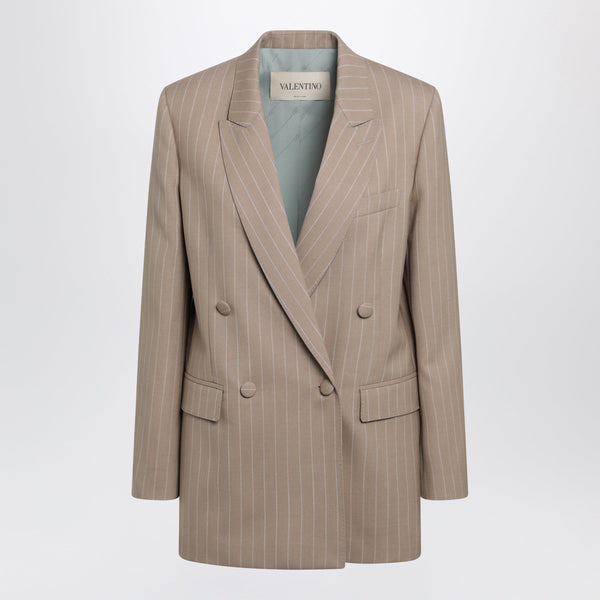 Double-Breasted Pinstripe Jacket In Mud/Ivory Virgin Wool