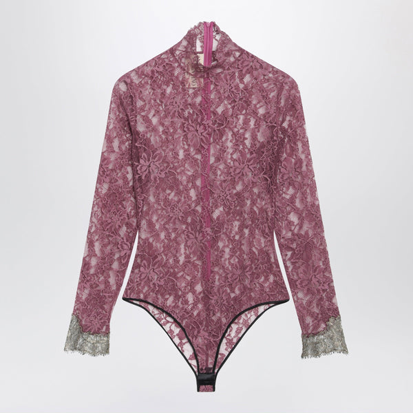 Burgundy Lace Bodysuit With Contrasting Cuffs
