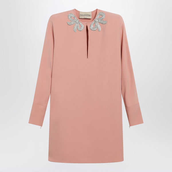 Pink Silk Short Dress With Embroidered Bows