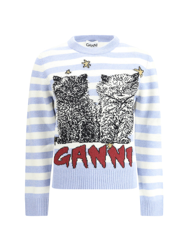 STRIPED GRAPHIC WOOL MIX CATS CREWNECK