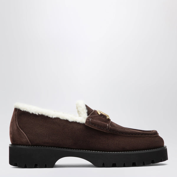 Brown V Logo Loafers In Suede With Shearling