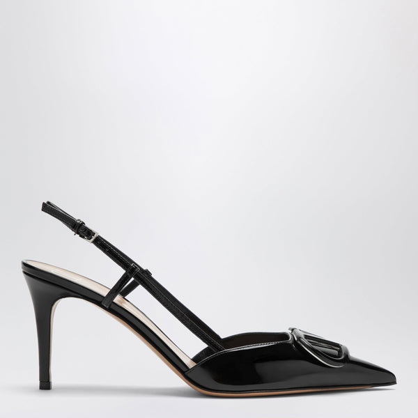 V Logo Black Patent Leather Slingback Pumps
