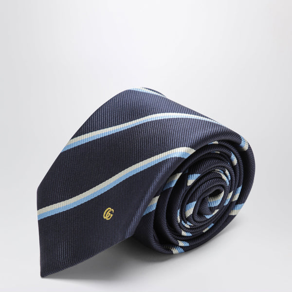 Striped Blue Silk Jacquard Tie With Double G