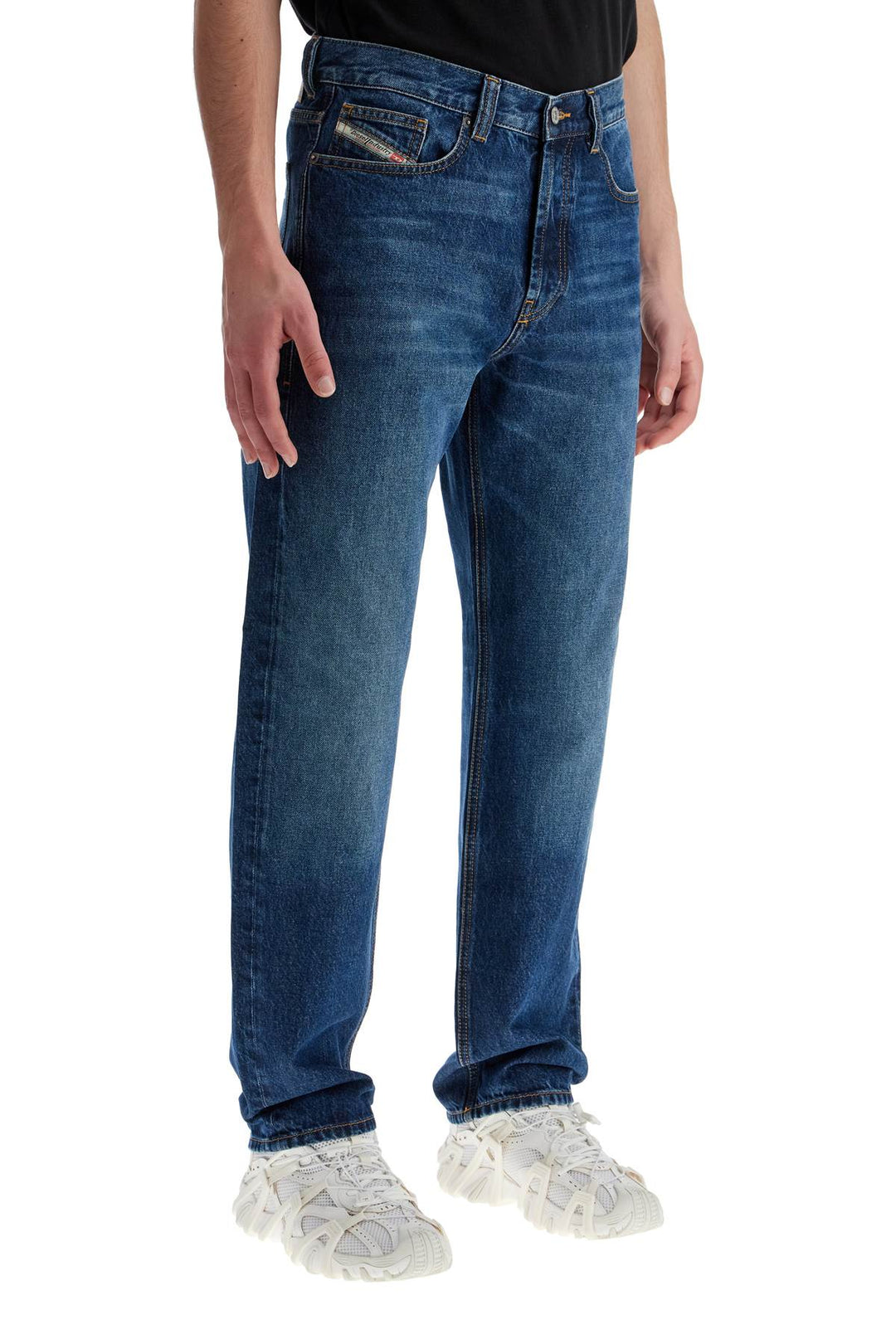 Blue Denim Straight Leg Cotton Jeans With Contrast Stitching