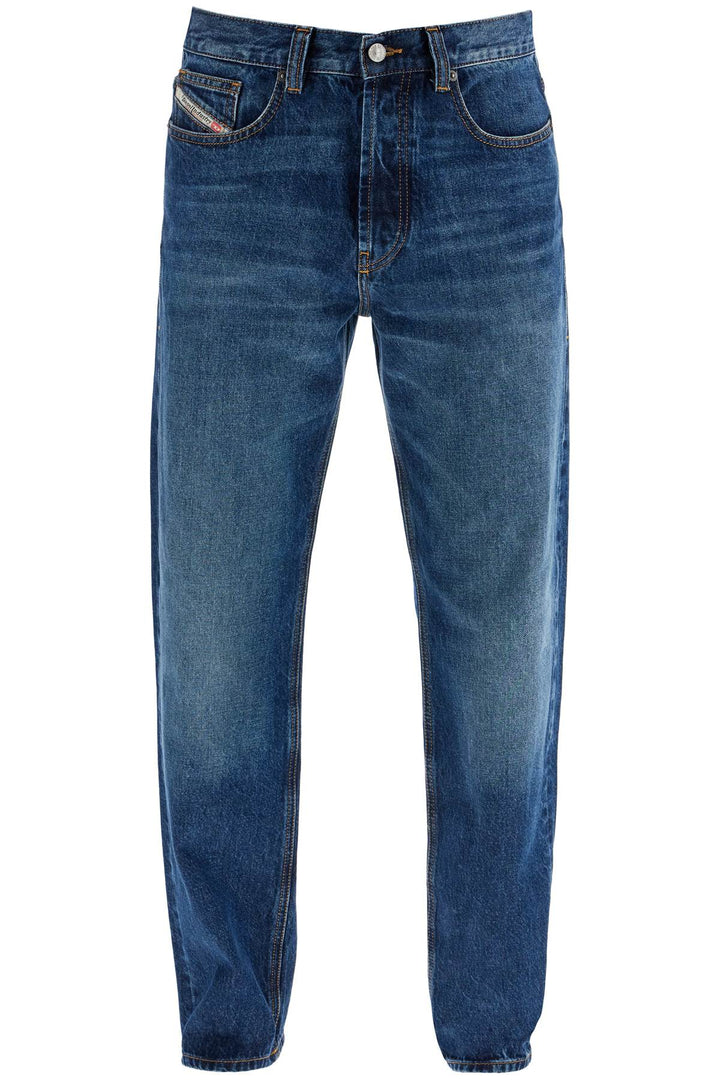 Blue Denim Straight Leg Cotton Jeans With Contrast Stitching