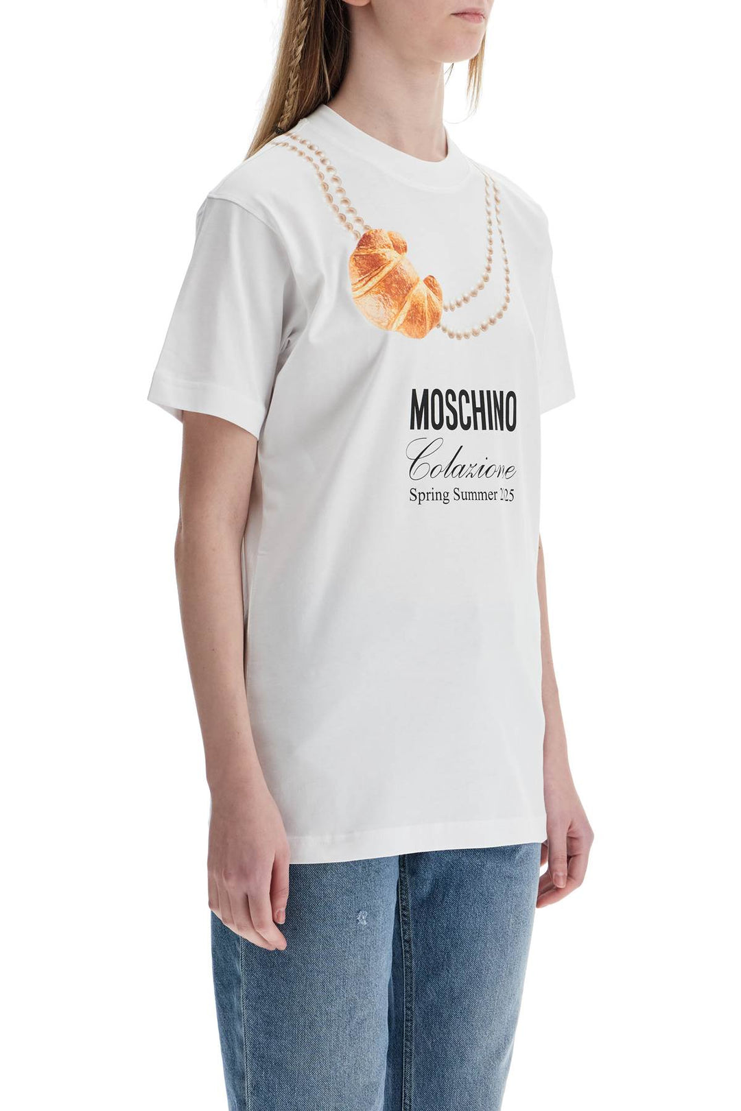 White Cotton T Shirt With Croissant And Pearls Print