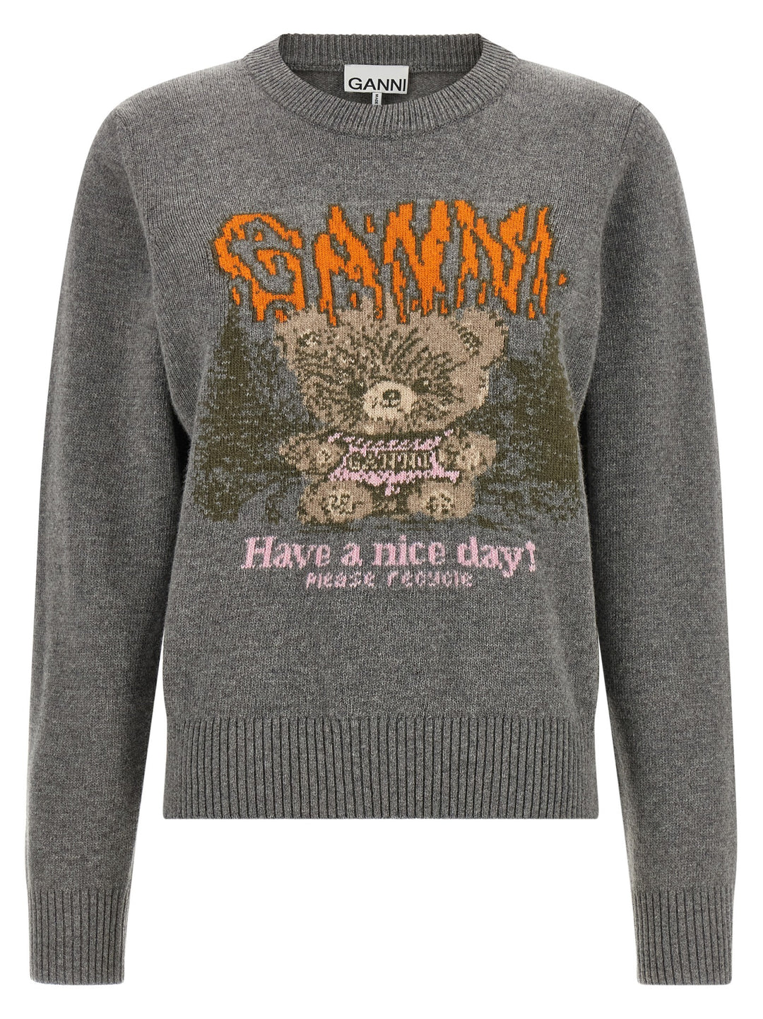 Ganni Sweater With Front Intarsia Sweatshirt - Gray | 5078fc3767fcb00b94861bf26190651f0a92ffdb