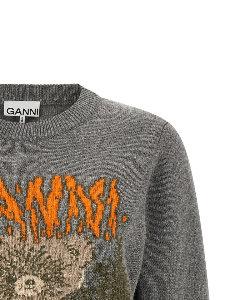 Ganni Sweater With Front Intarsia Sweatshirt - Gray | 5f5889253bebfea05ce90148ace622463120c7df