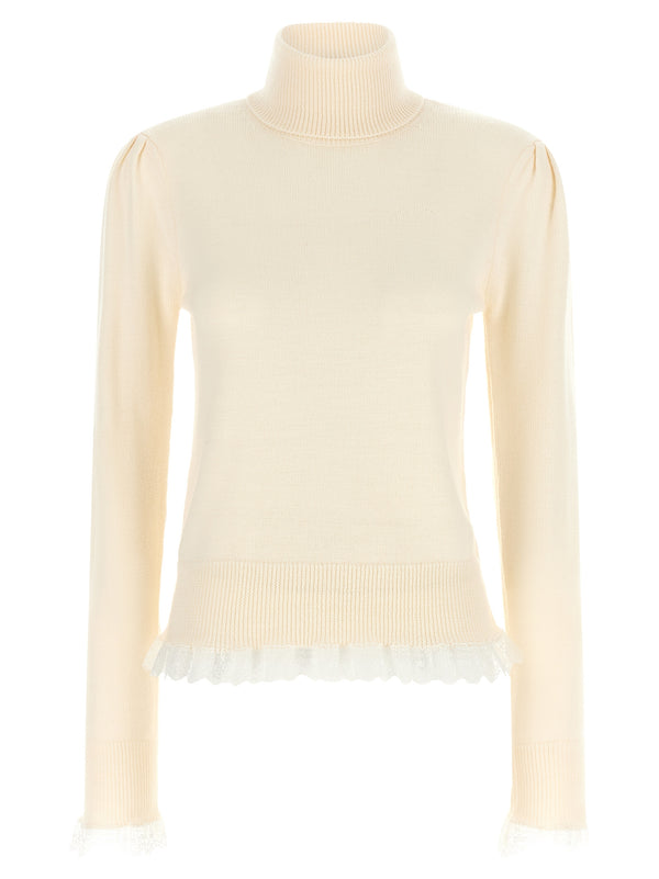 Ganni Turtleneck Sweater With Lace Trim Sweaters And Cardigans White