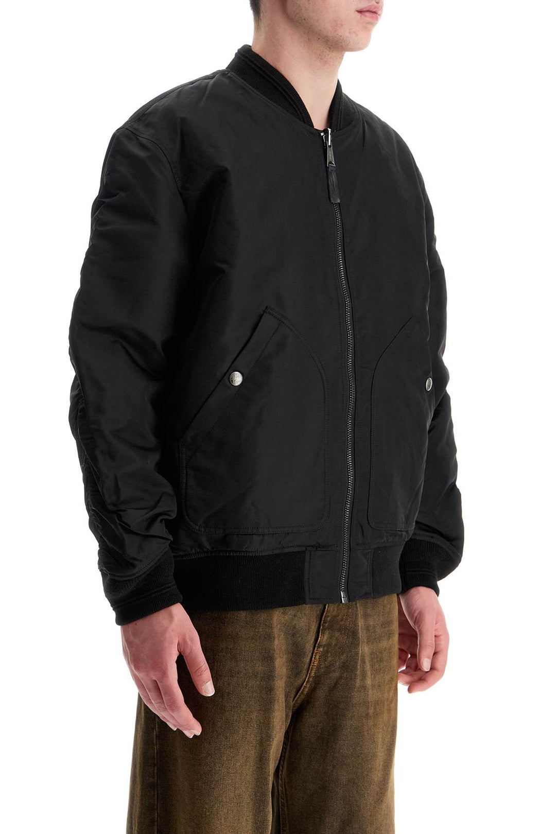 Classic Black Nylon Bomber Jacket With Zip And Side Pockets