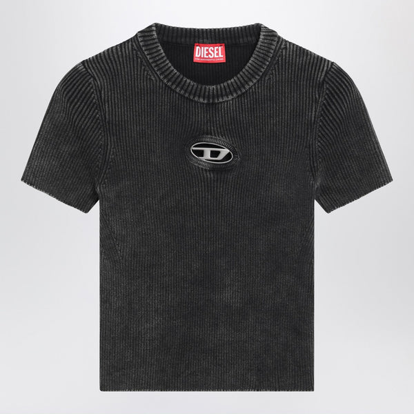 Cropped Washed Black T-Shirt With Metallic Oval D