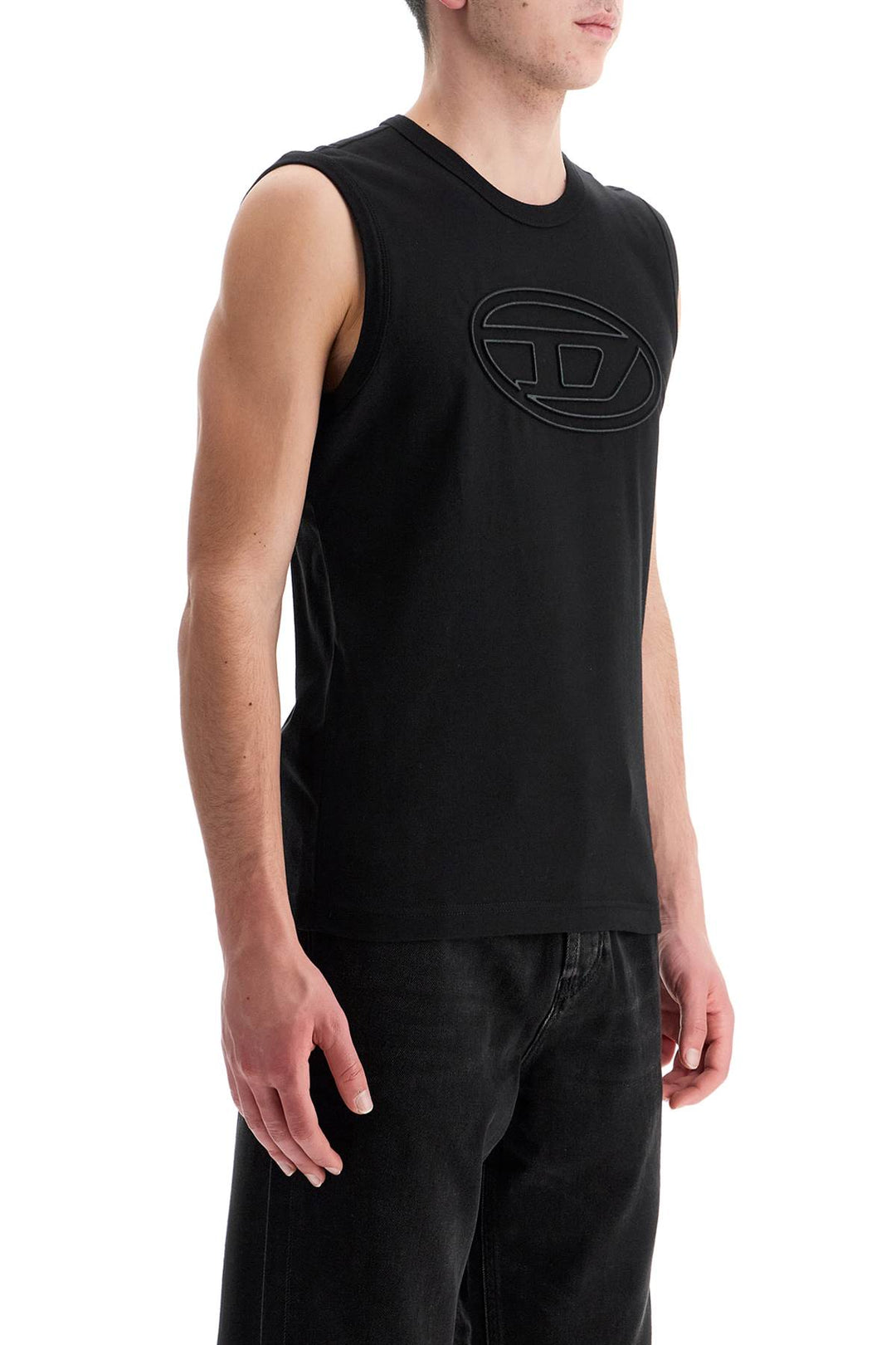 Black Cotton Tank Top With Embossed Logo