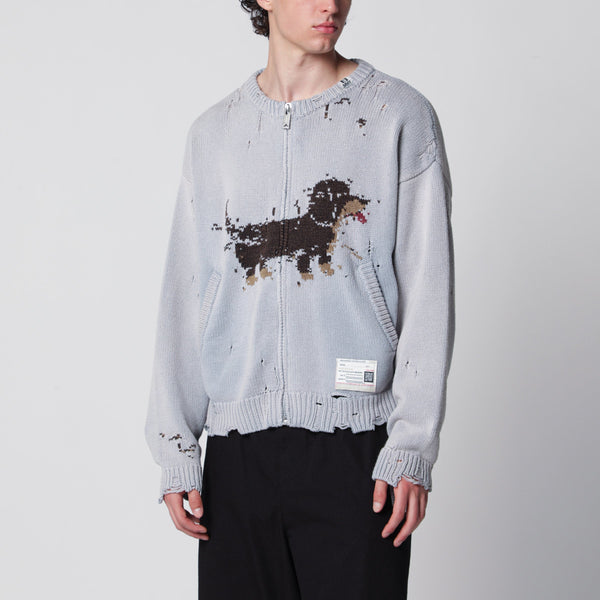 Jacquard Cardigan With Dachshund In Distressed Cotton Blend