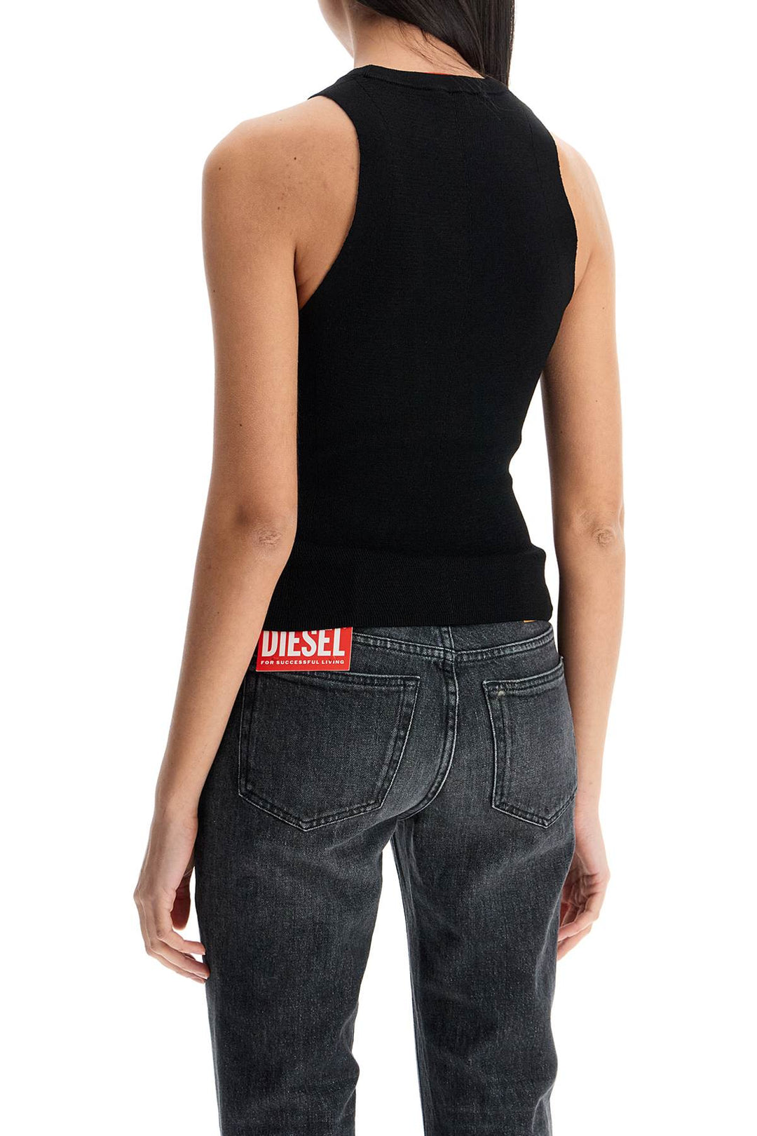 Black Sleeveless Top In Viscose With Embroidered Logo