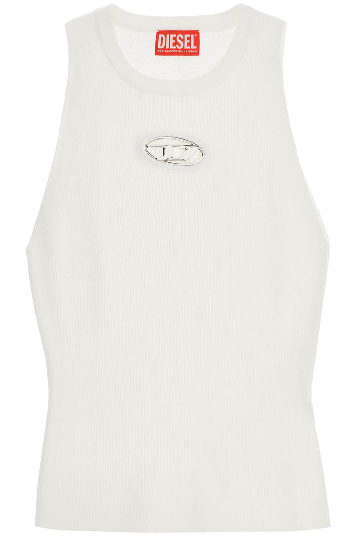 White Sleeveless Ribbed Viscose Top With Metallic Insert