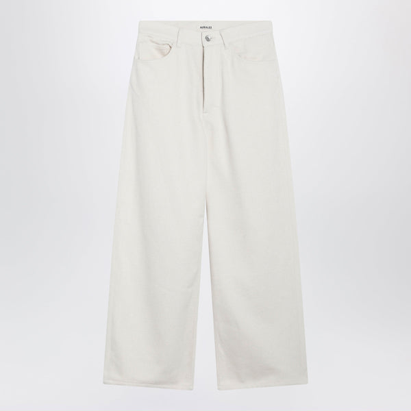 Wide-Leg Ivory Silk Denim Trousers