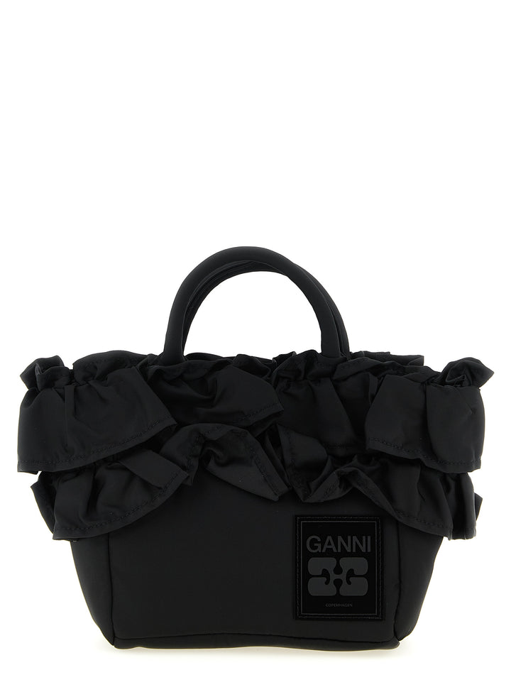 Ganni Mini Shopper Ruffle Hand Bags - Black | e002fac62df20be22eb80b497965dc3a36a21198
